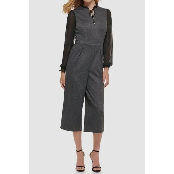 Tommy Hilfiger Pants - Tommy Hilfiger Women's Gray Herringbone Self Tie Neck Cropped Jumpsuit Size 8